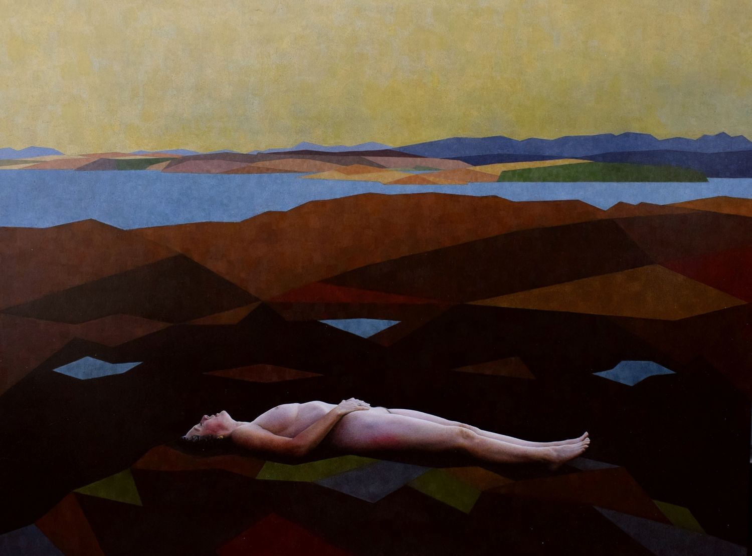 A naked woman lying in abstracted landscape with sea and mountains in the background