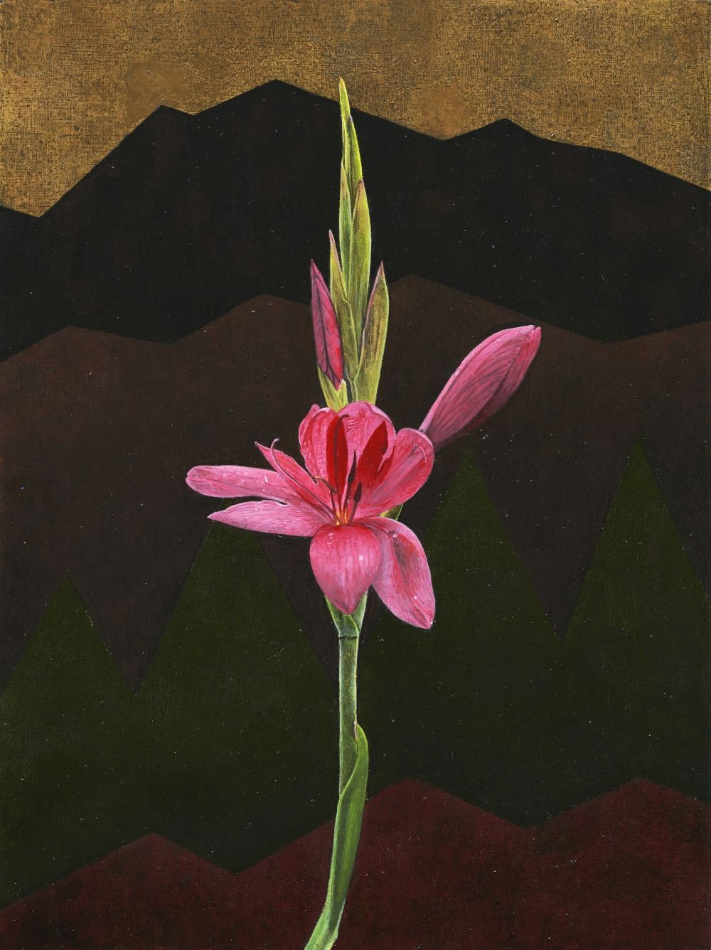 A pink River Lily with abstract mountains and trees in the background